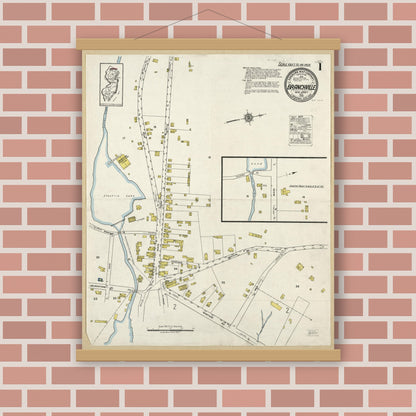Old map wall art mockup — magnetic wood frame on brick wall — Sanborn Fire Insurance Map from Branchville, Sussex County, New Jersey (1920), Sheet #0001