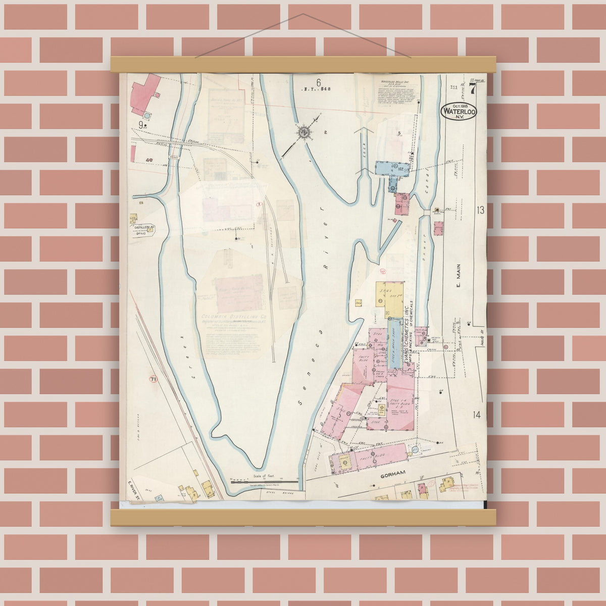 Old map wall art mockup — magnetic wood frame on brick wall — Sanborn Fire Insurance Map from Waterloo, Seneca County, New York (1948), Sheet #0007