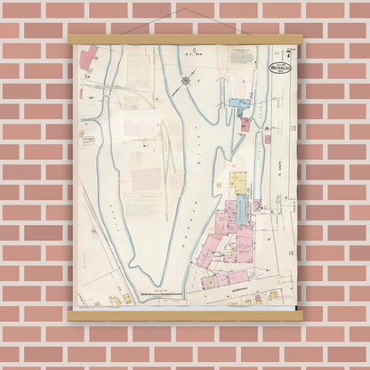 Old map wall art mockup — magnetic wood frame on brick wall — Sanborn Fire Insurance Map from Waterloo, Seneca County, New York (1948), Sheet #0007