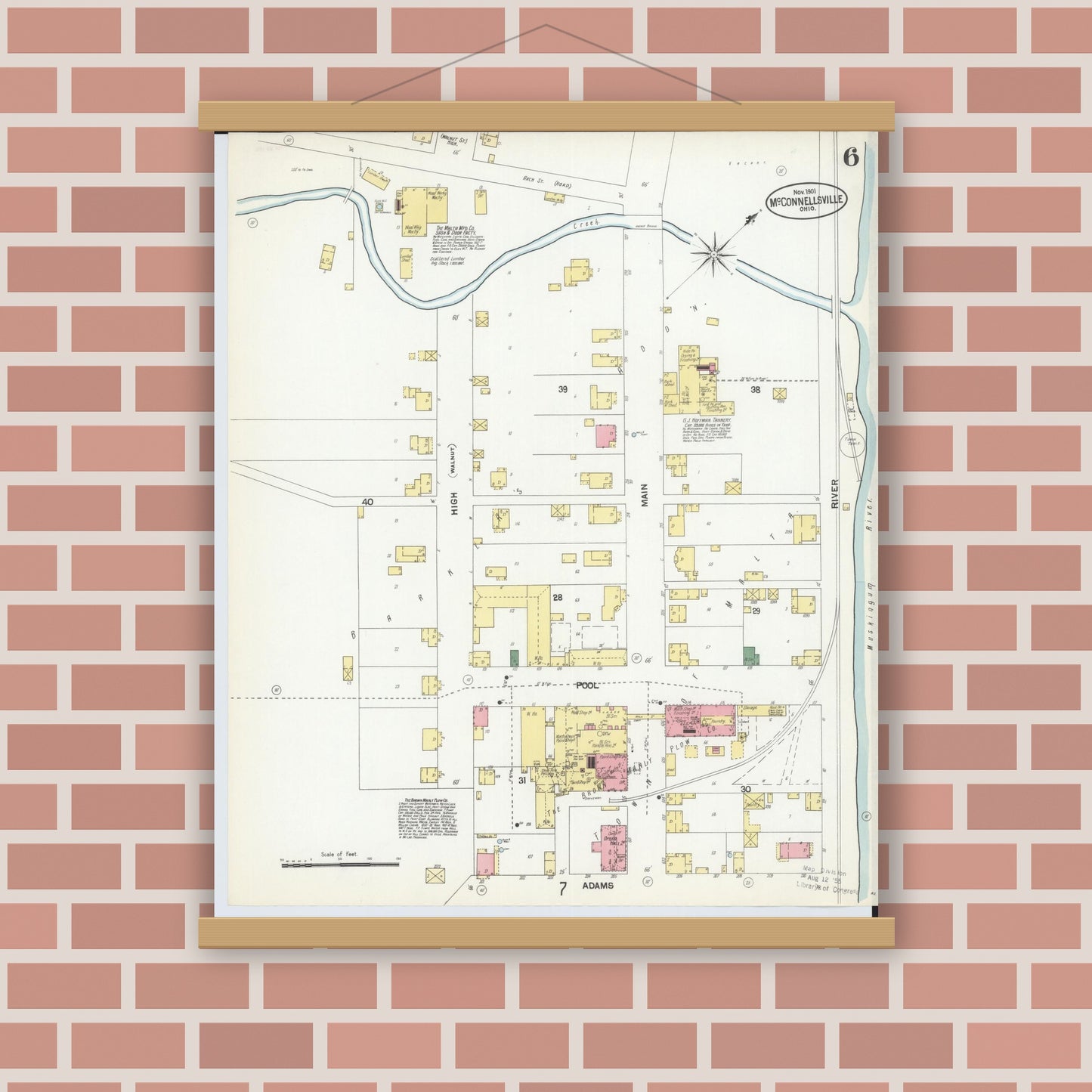 Old map wall art mockup — magnetic wood frame on brick wall — Sanborn Fire Insurance Map from McConnelsville, Morgan County, Ohio (1901), Sheet #0006