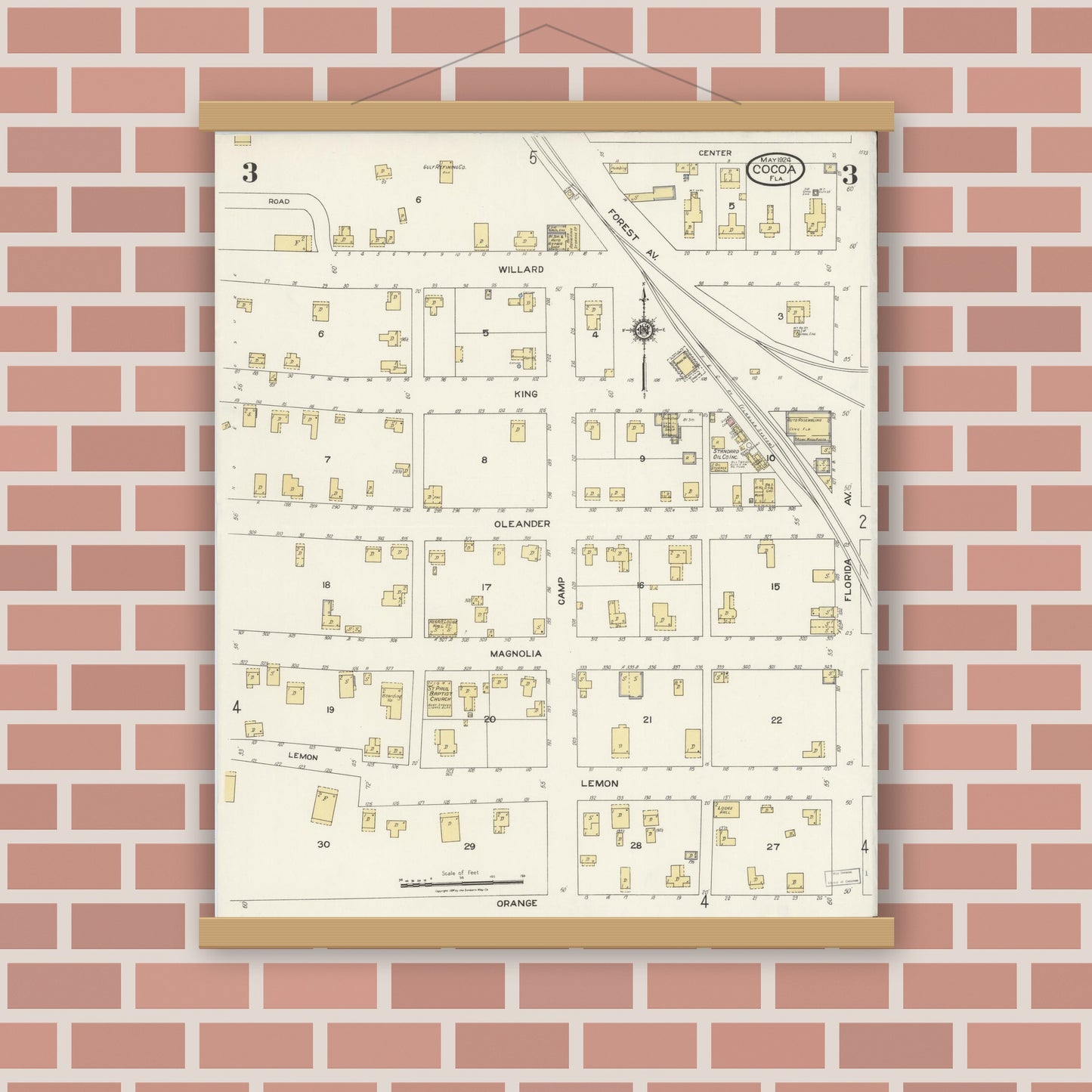 Old map wall art mockup — magnetic wood frame on brick wall — Sanborn Fire Insurance Map from Cocoa, Brevard County, Florida (1924), Sheet #0003