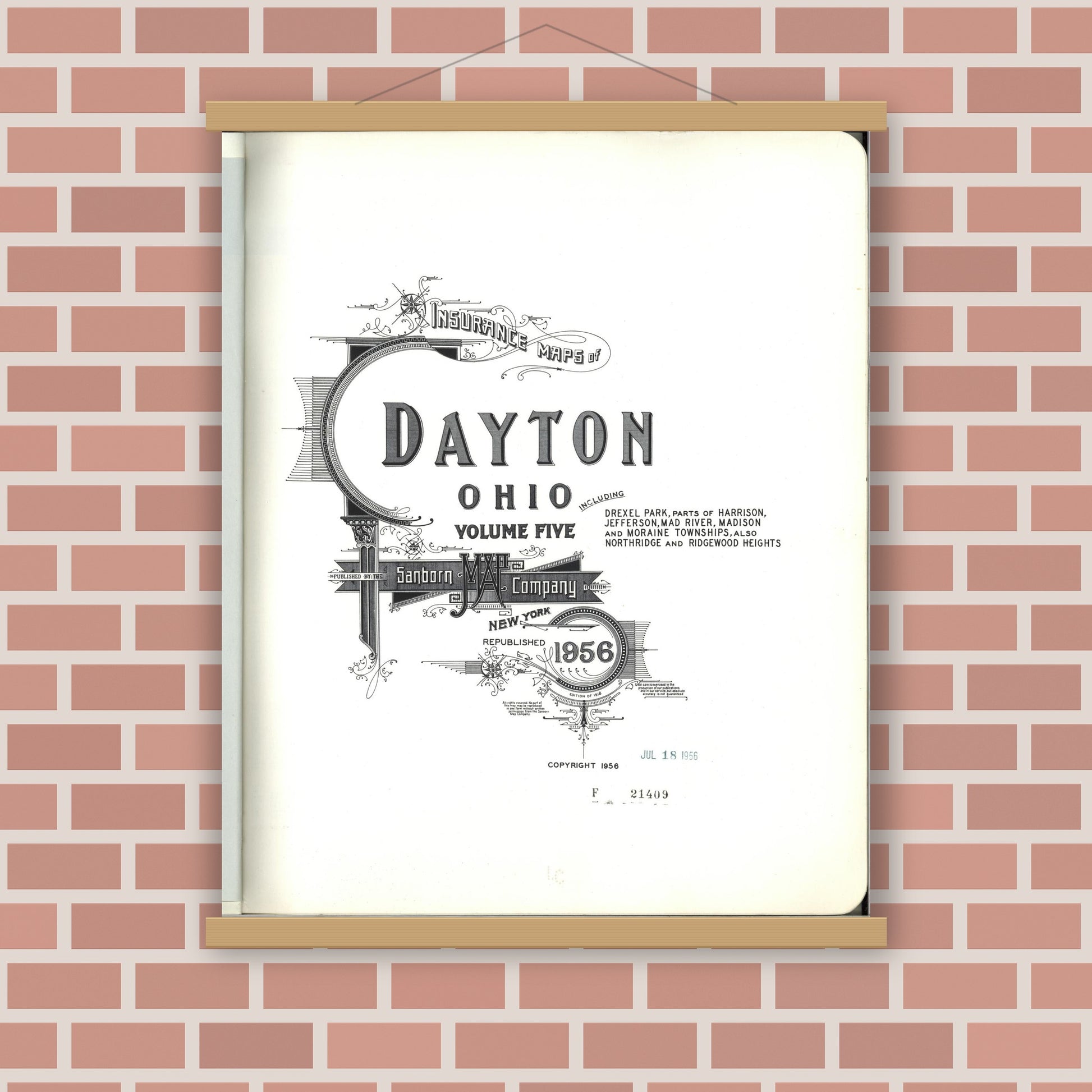 Old map wall art mockup — magnetic wood frame on brick wall — Sanborn Fire Insurance Map from Dayton, Montgomery County, Ohio (1956), Sheet #0001