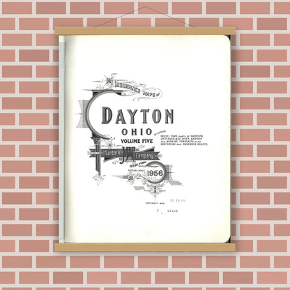 Old map wall art mockup — magnetic wood frame on brick wall — Sanborn Fire Insurance Map from Dayton, Montgomery County, Ohio (1956), Sheet #0001