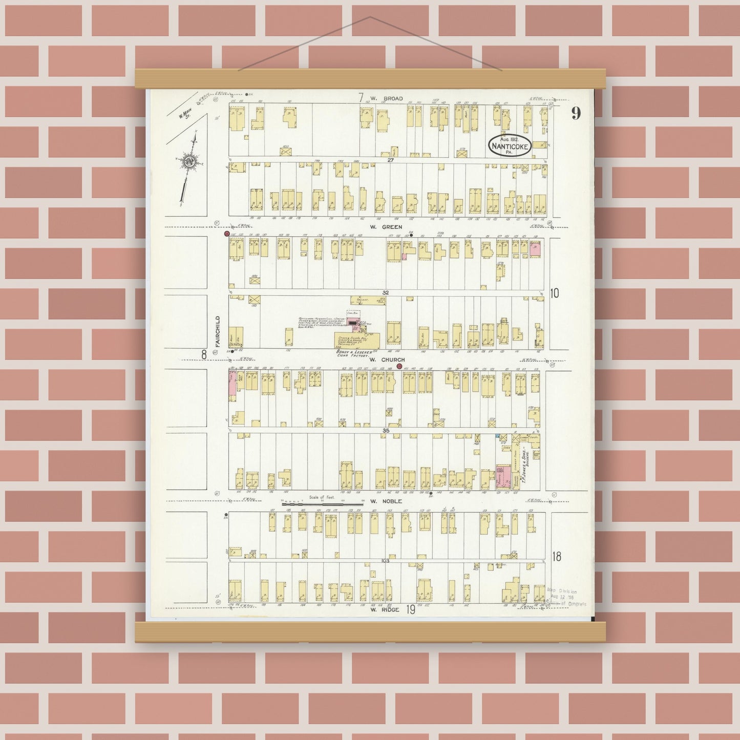 Old map wall art mockup — magnetic wood frame on brick wall — Sanborn Fire Insurance Map from Nanticoke, Luzerne County, Pennsylvania (1912), Sheet #0009