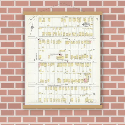 Old map wall art mockup — magnetic wood frame on brick wall — Sanborn Fire Insurance Map from Nanticoke, Luzerne County, Pennsylvania (1912), Sheet #0009