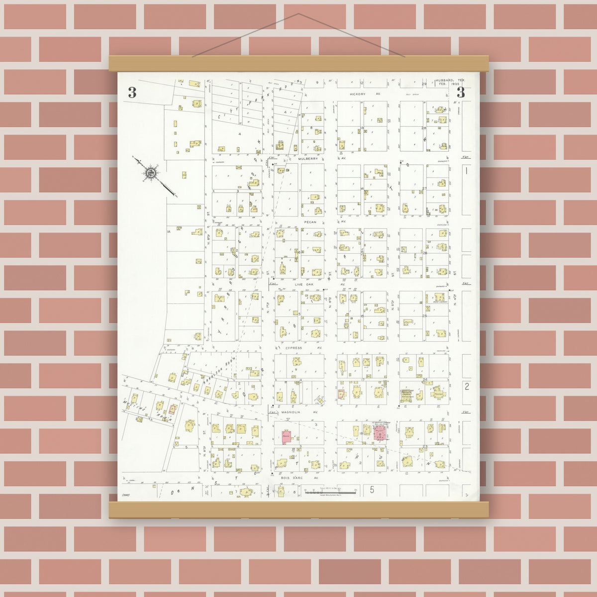 Old map wall art mockup — magnetic wood frame on brick wall — Sanborn Fire Insurance Map from Hubbard, Hill County, Texas (1935), Sheet #0003