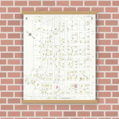 Old map wall art mockup — magnetic wood frame on brick wall — Sanborn Fire Insurance Map from Hubbard, Hill County, Texas (1935), Sheet #0003