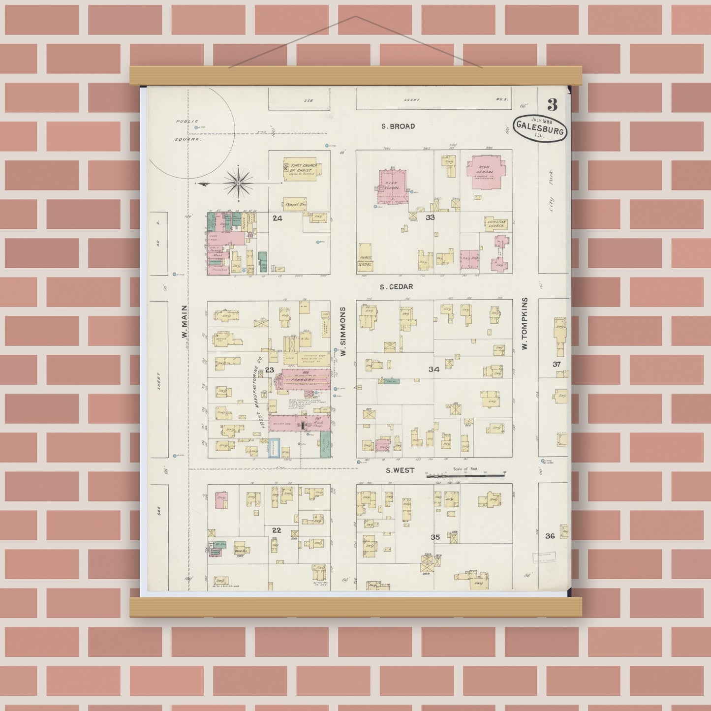 Old map wall art mockup — magnetic wood frame on brick wall — Sanborn Fire Insurance Map from Galesburg, Knox County, Illinois (1888), Sheet #0003