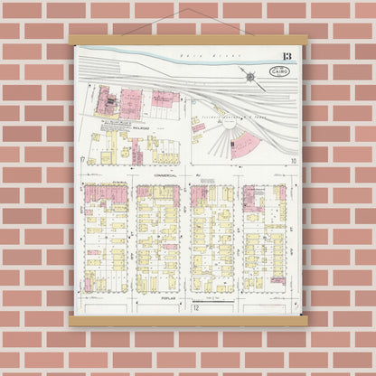 Old map wall art mockup — magnetic wood frame on brick wall — Sanborn Fire Insurance Map from Cairo, Alexander County, Illinois (1914), Sheet #0013