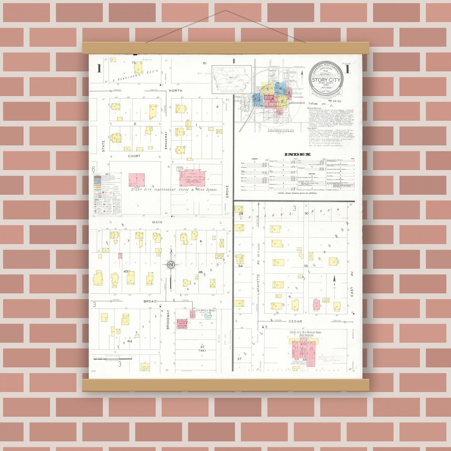Old map wall art mockup — magnetic wood frame on brick wall — Sanborn Fire Insurance Map from Story City, Story County, Iowa (1932), Sheet #0001