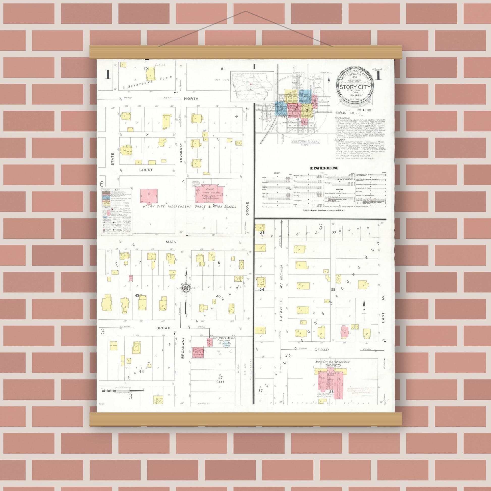 Old map wall art mockup — magnetic wood frame on brick wall — Sanborn Fire Insurance Map from Story City, Story County, Iowa (1932), Sheet #0001