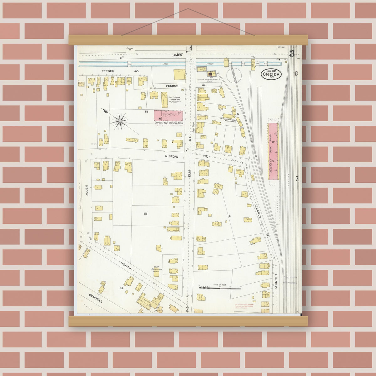 Old map wall art mockup — magnetic wood frame on brick wall — Sanborn Fire Insurance Map from Oneida, Madison County, New York (1904), Sheet #0002