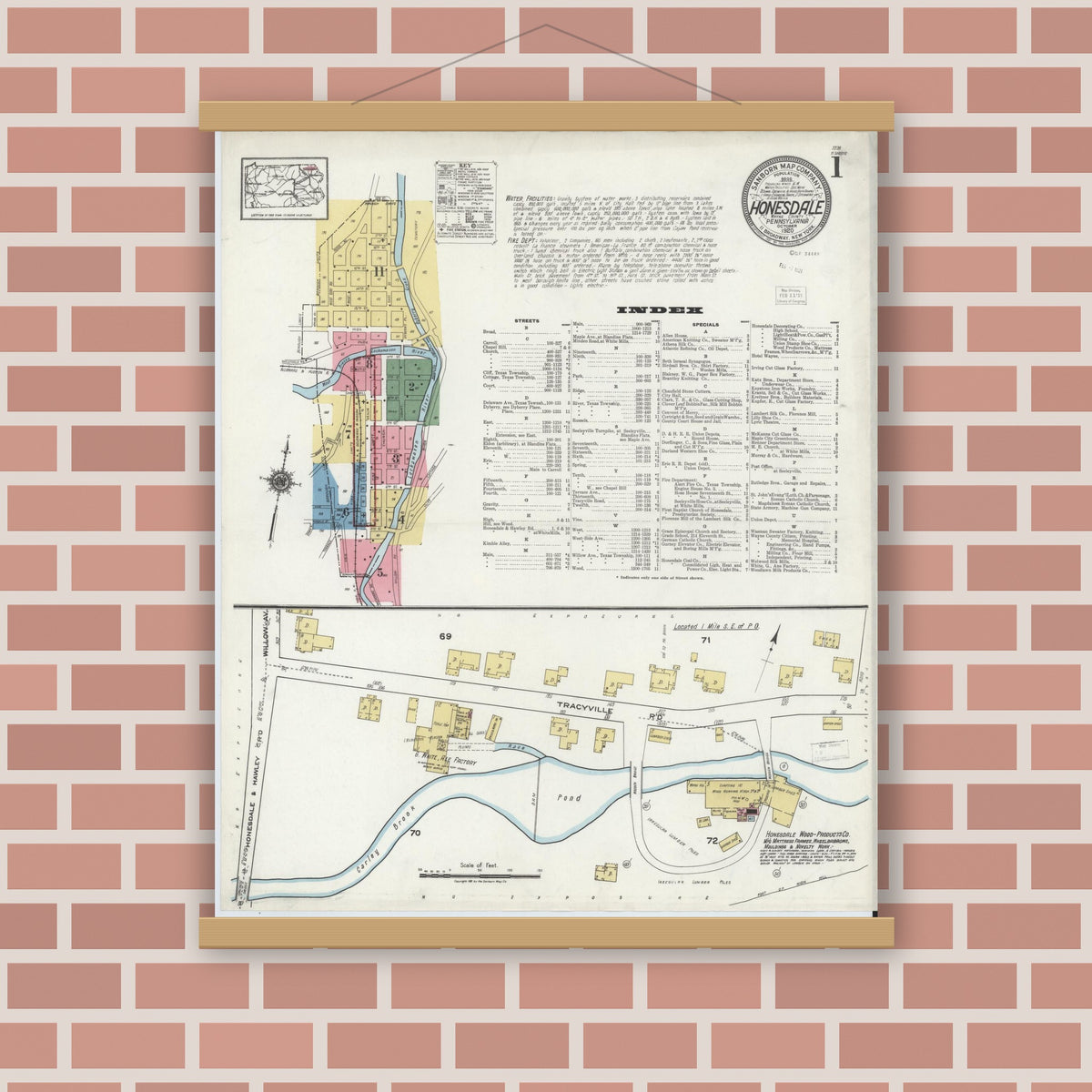 Old map wall art mockup — magnetic wood frame on brick wall — Sanborn Fire Insurance Map from Honesdale, Wayne County, Pennsylvania (1920) - Complete Map Set