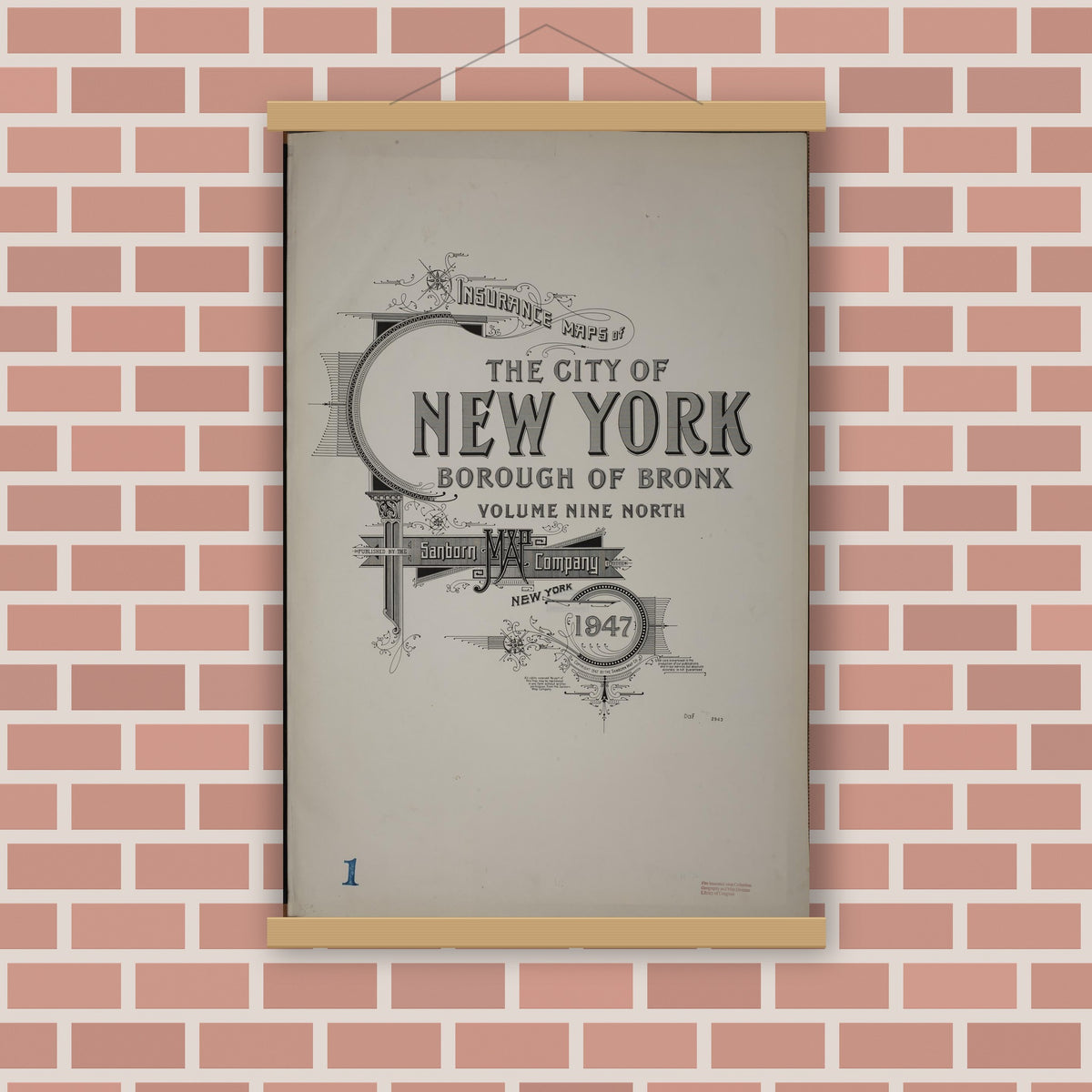 Old map wall art mockup — magnetic wood frame on brick wall — Sanborn Fire Insurance Map from New York, Bronx, Manhattan, New York (1947), Sheet #0001