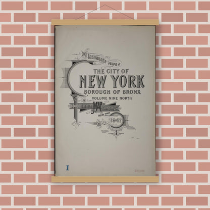 Old map wall art mockup — magnetic wood frame on brick wall — Sanborn Fire Insurance Map from New York, Bronx, Manhattan, New York (1947), Sheet #0001