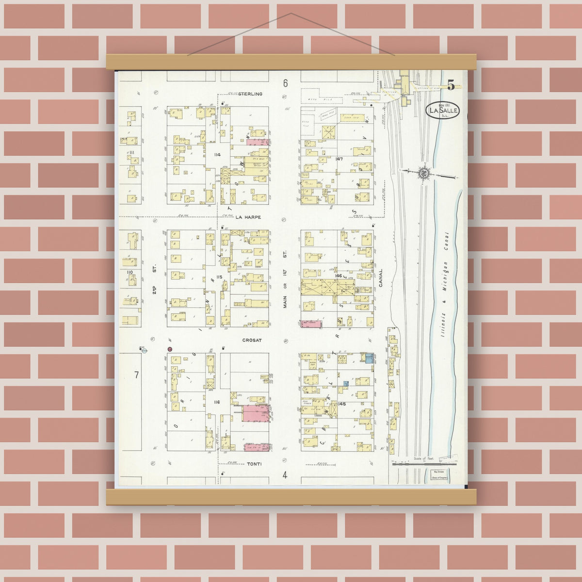 Old map wall art mockup — magnetic wood frame on brick wall — Sanborn Fire Insurance Map from La Salle, La Salle County, Illinois (1911), Sheet #0005