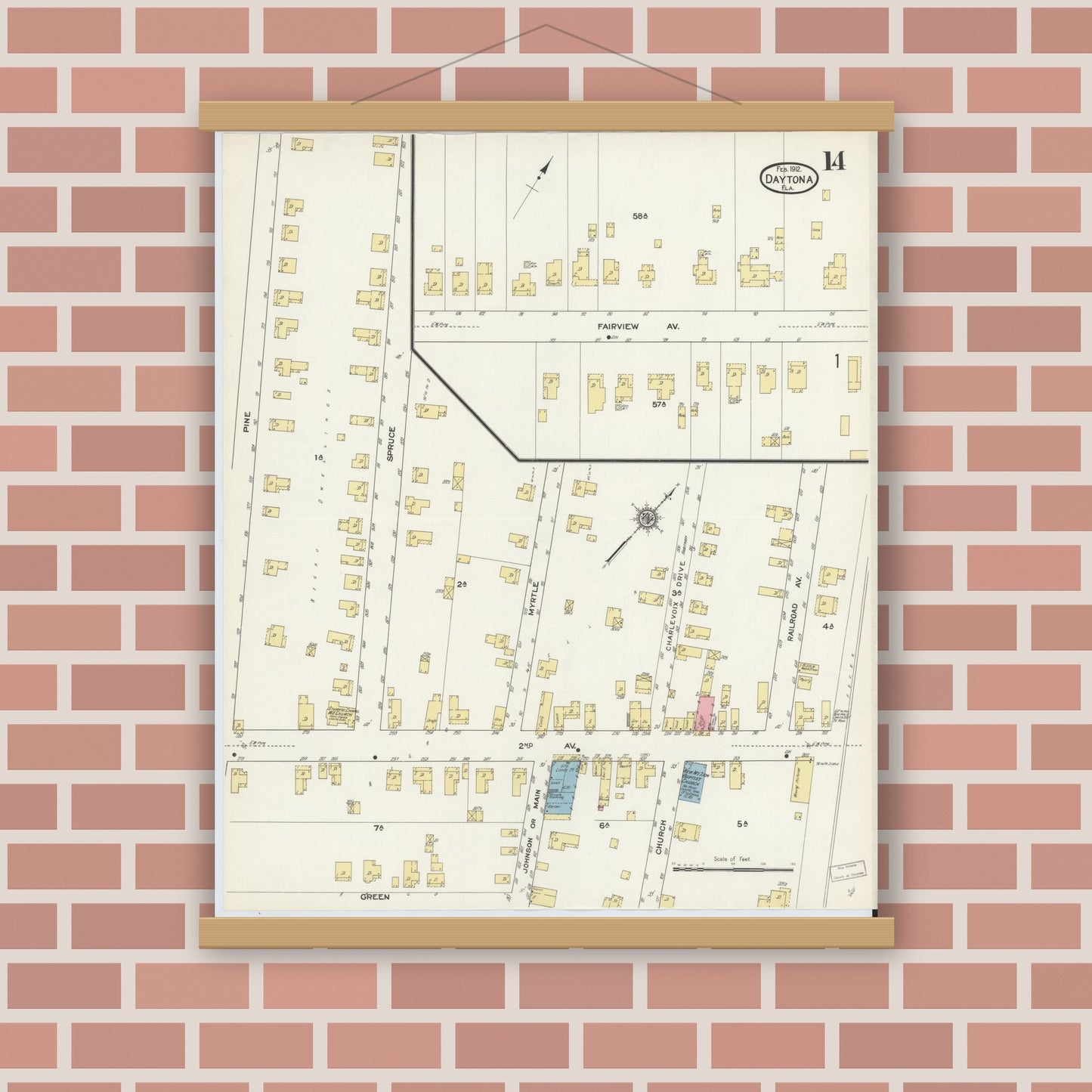 Old map wall art mockup — magnetic wood frame on brick wall — Sanborn Fire Insurance Map from Daytona, Volusia County, Florida (1912), Sheet #0014