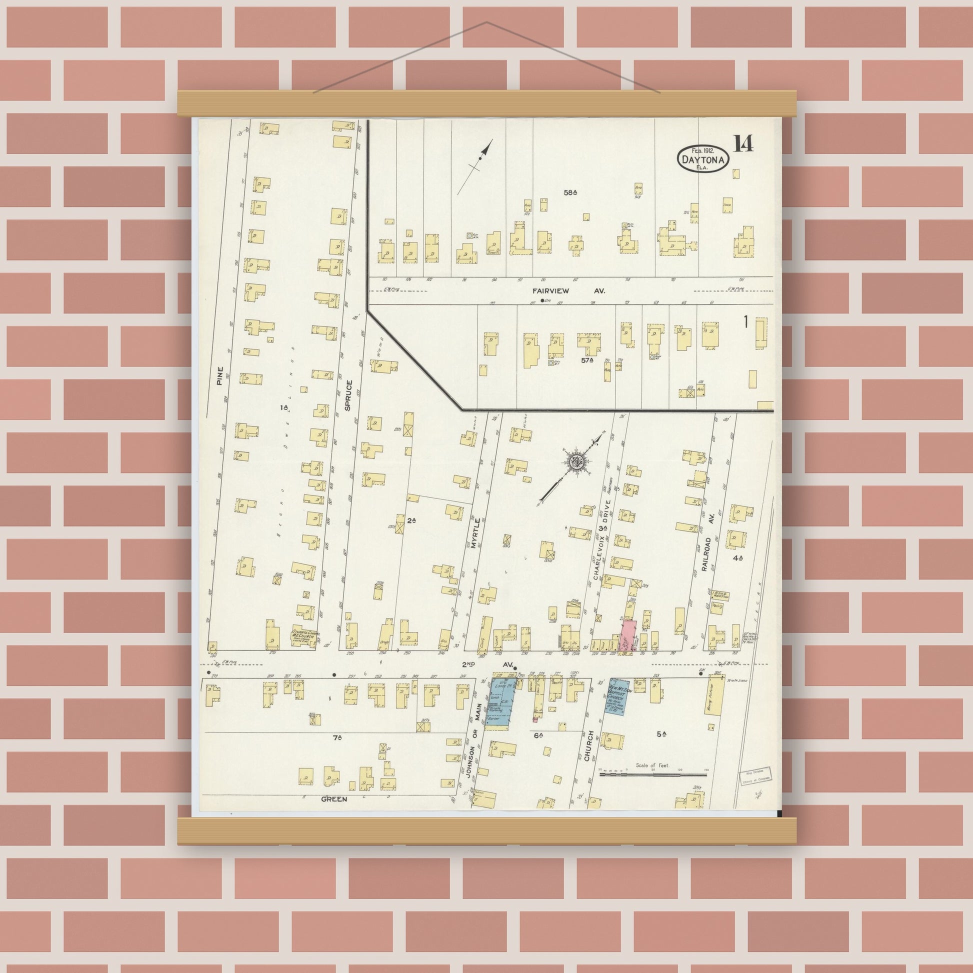 Old map wall art mockup — magnetic wood frame on brick wall — Sanborn Fire Insurance Map from Daytona, Volusia County, Florida (1912), Sheet #0014