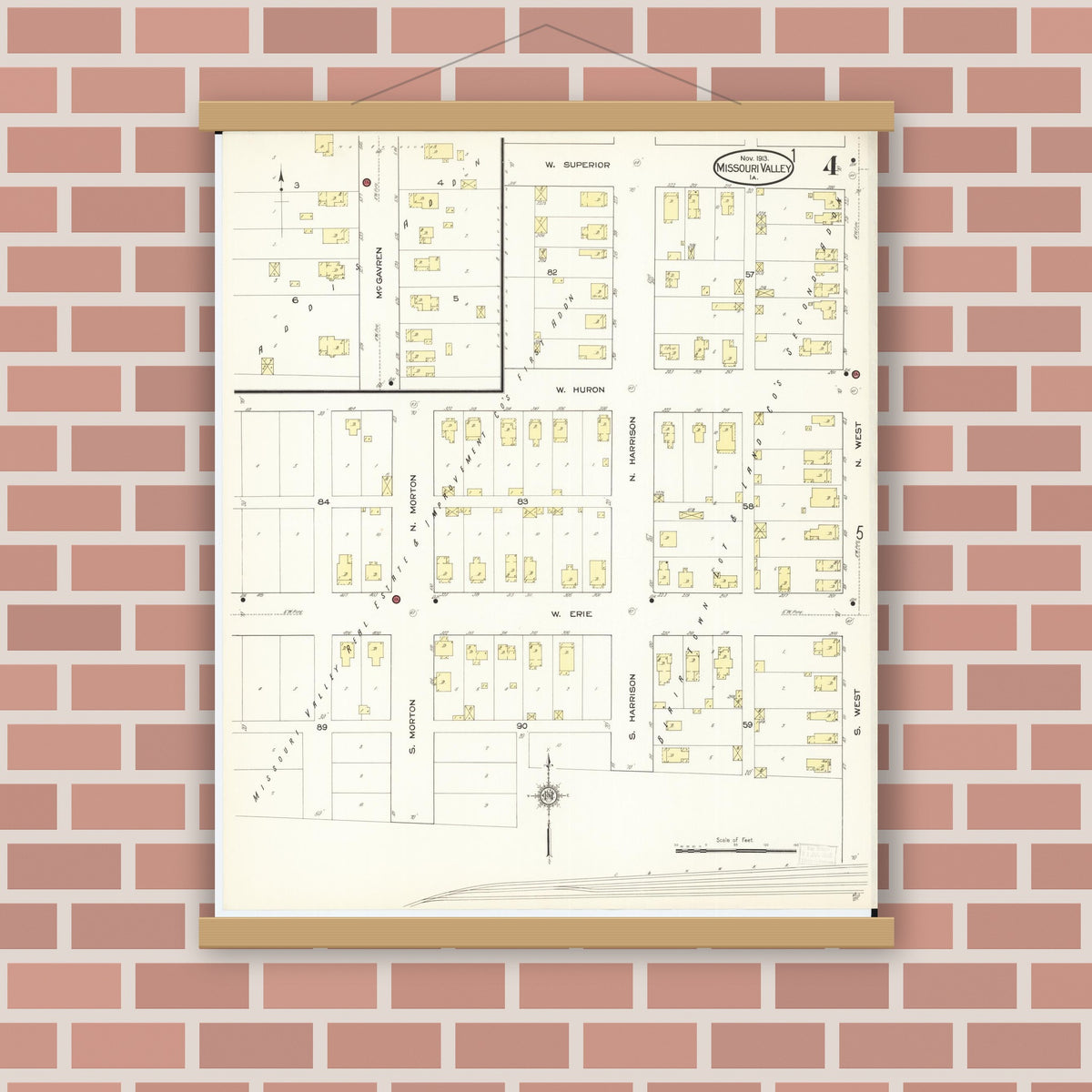 Old map wall art mockup — magnetic wood frame on brick wall — Sanborn Fire Insurance Map from Missouri Valley, Harrison County, Iowa (1913), Sheet #0004