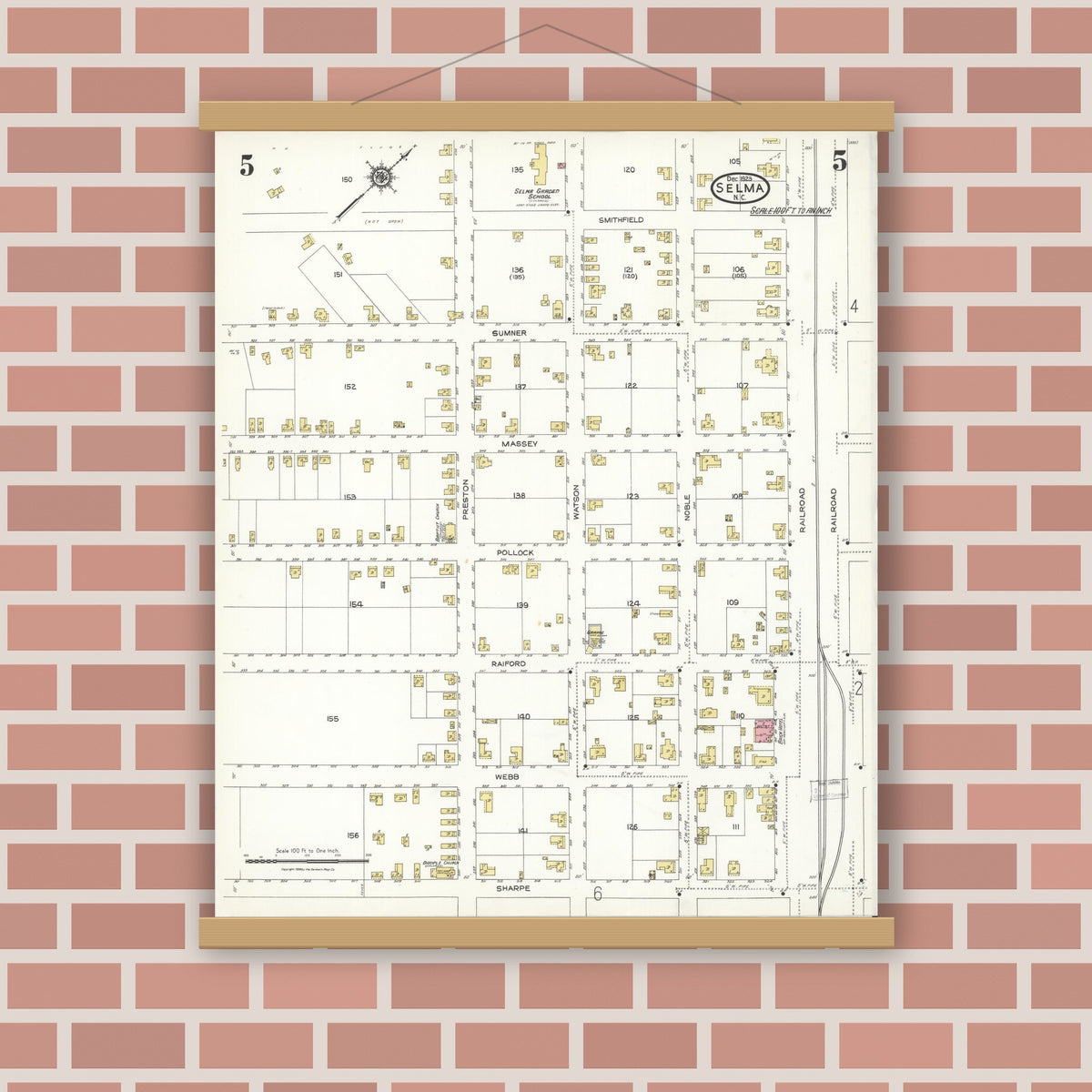 Old map wall art mockup — magnetic wood frame on brick wall — Sanborn Fire Insurance Map from Selma, Johnston County, North Carolina (1923), Sheet #0005