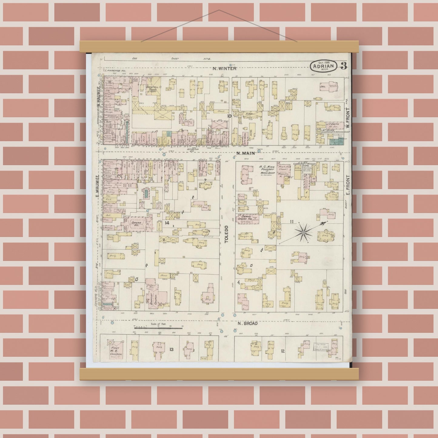 Old map wall art mockup — magnetic wood frame on brick wall — Sanborn Fire Insurance Map from Adrian, Lenawee County, Michigan (1888), Sheet #0003