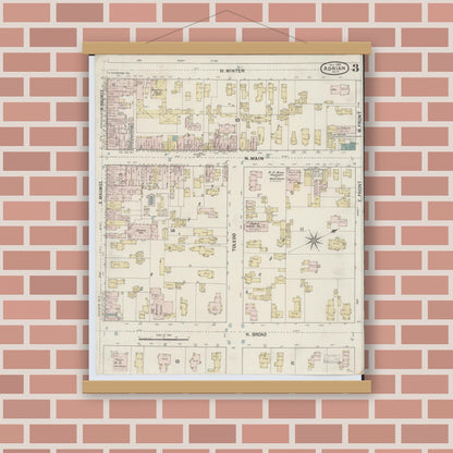 Old map wall art mockup — magnetic wood frame on brick wall — Sanborn Fire Insurance Map from Adrian, Lenawee County, Michigan (1888), Sheet #0003
