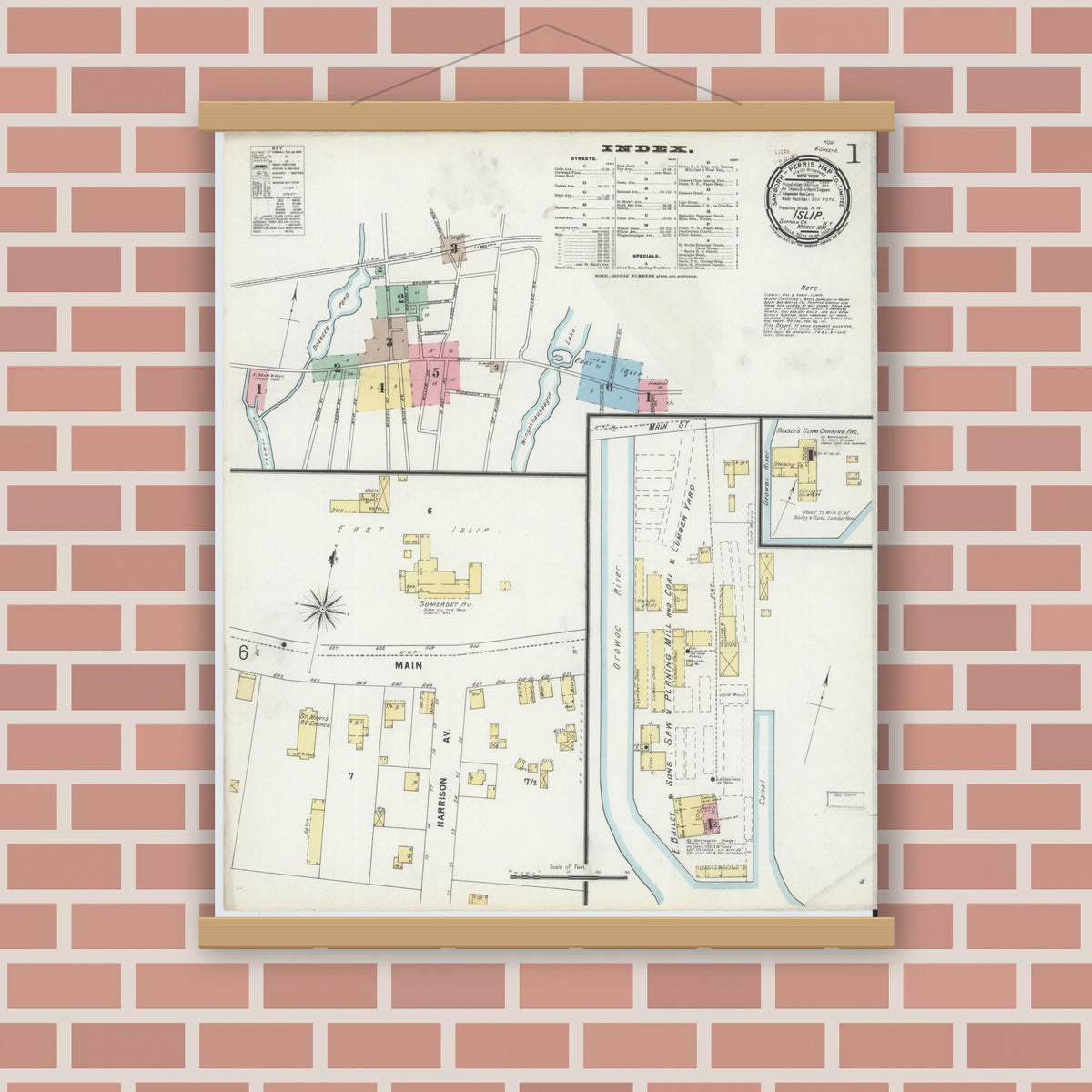 Old map wall art mockup — magnetic wood frame on brick wall — Sanborn Fire Insurance Map from Islip, Suffolk County, New York (1897), Sheet #0001