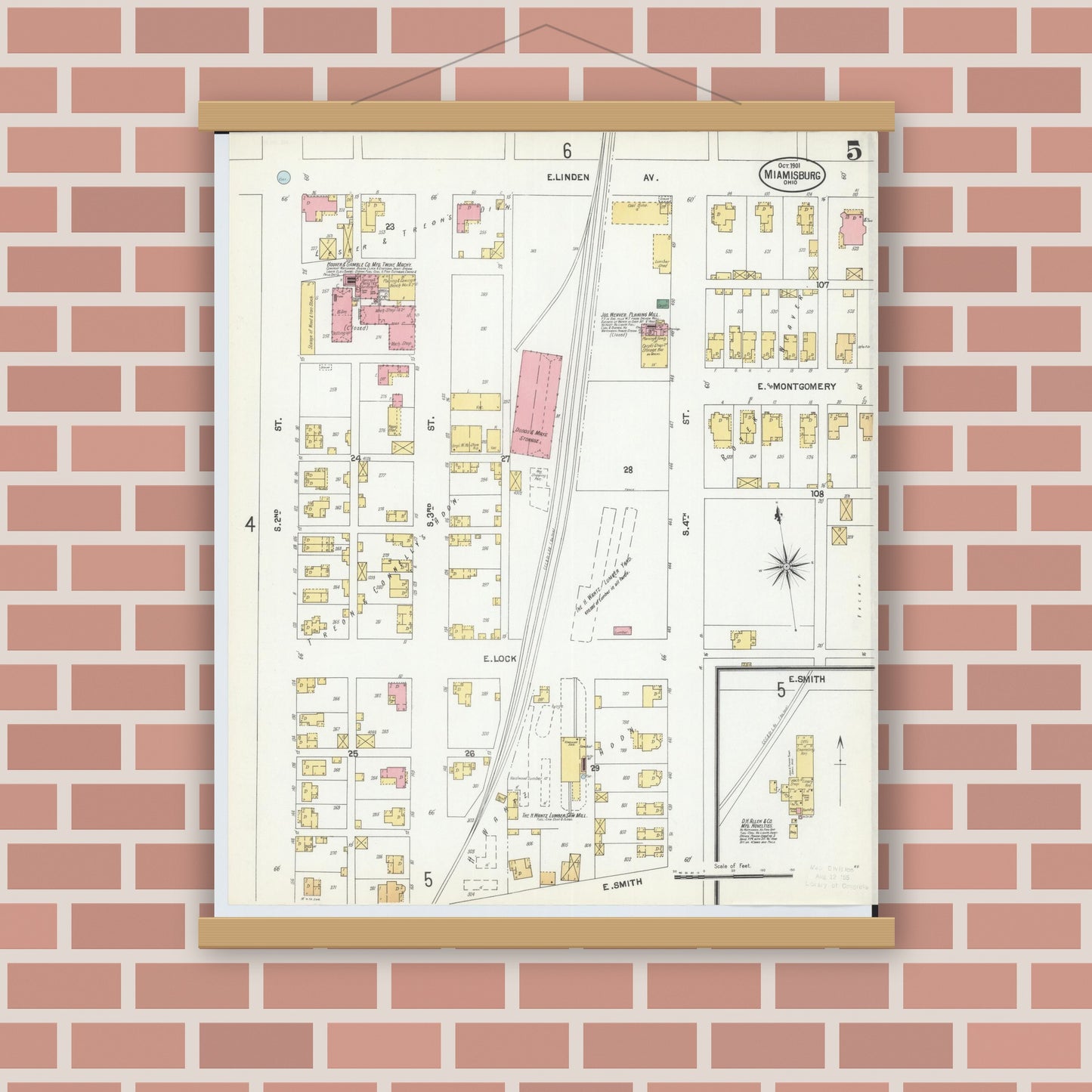 Old map wall art mockup — magnetic wood frame on brick wall — Sanborn Fire Insurance Map from Miamisburg, Montgomery County, Ohio (1901), Sheet #0005