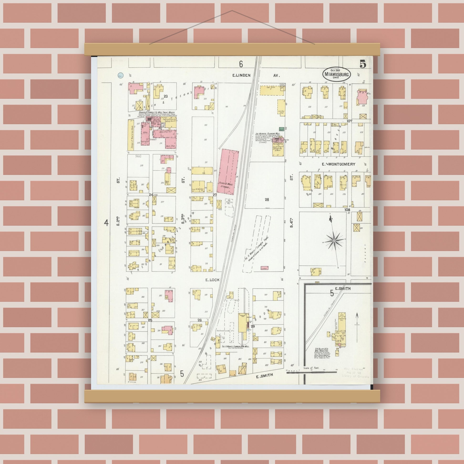 Old map wall art mockup — magnetic wood frame on brick wall — Sanborn Fire Insurance Map from Miamisburg, Montgomery County, Ohio (1901), Sheet #0005
