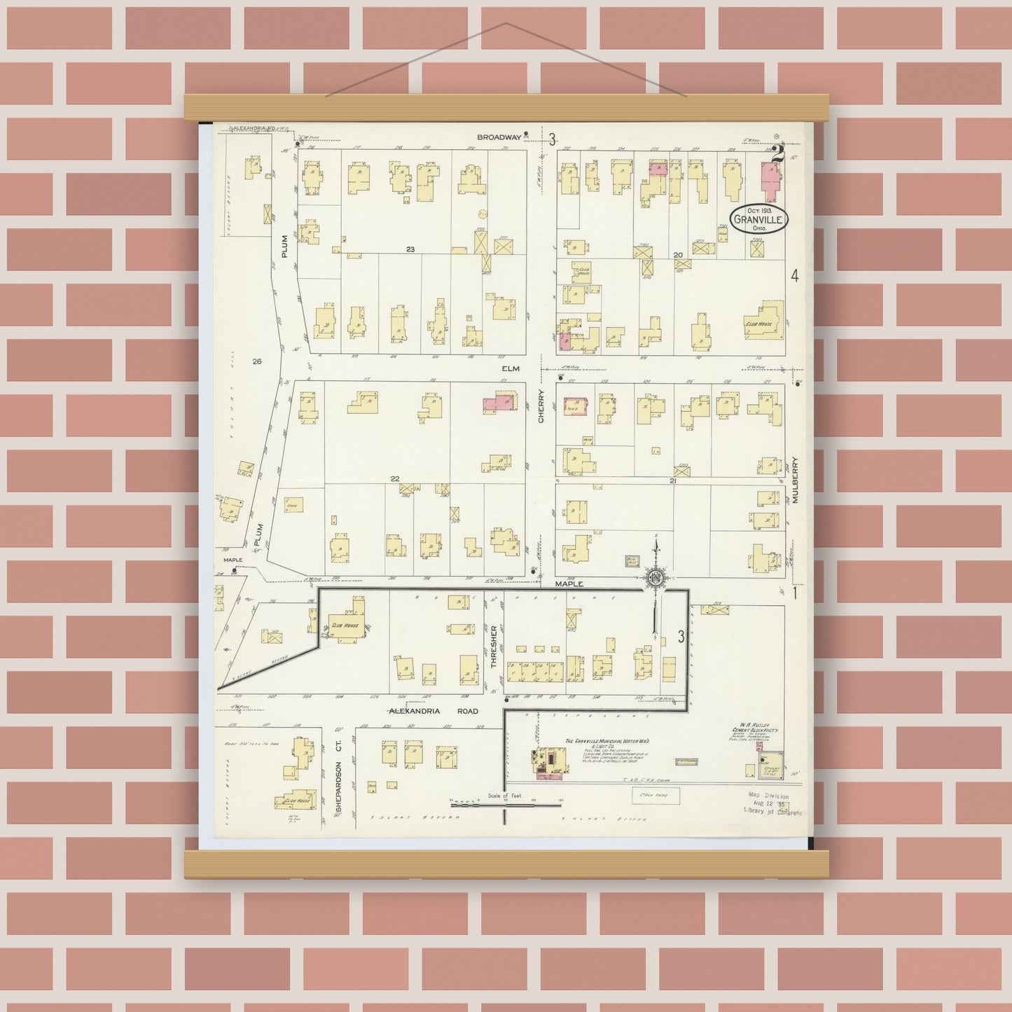 Old map wall art mockup — magnetic wood frame on brick wall — Sanborn Fire Insurance Map from Granville, Licking County, Ohio (1913), Sheet #0002