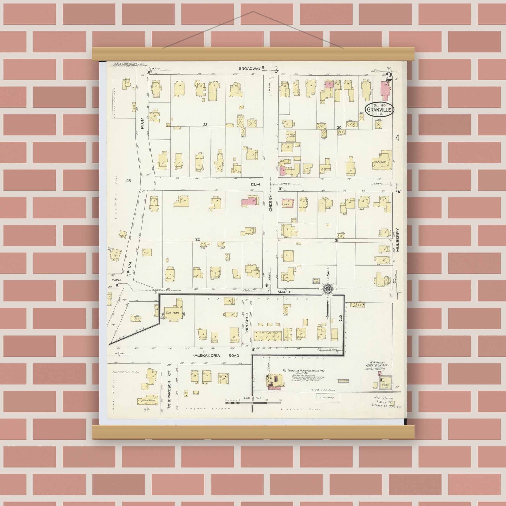 Old map wall art mockup — magnetic wood frame on brick wall — Sanborn Fire Insurance Map from Granville, Licking County, Ohio (1913), Sheet #0002