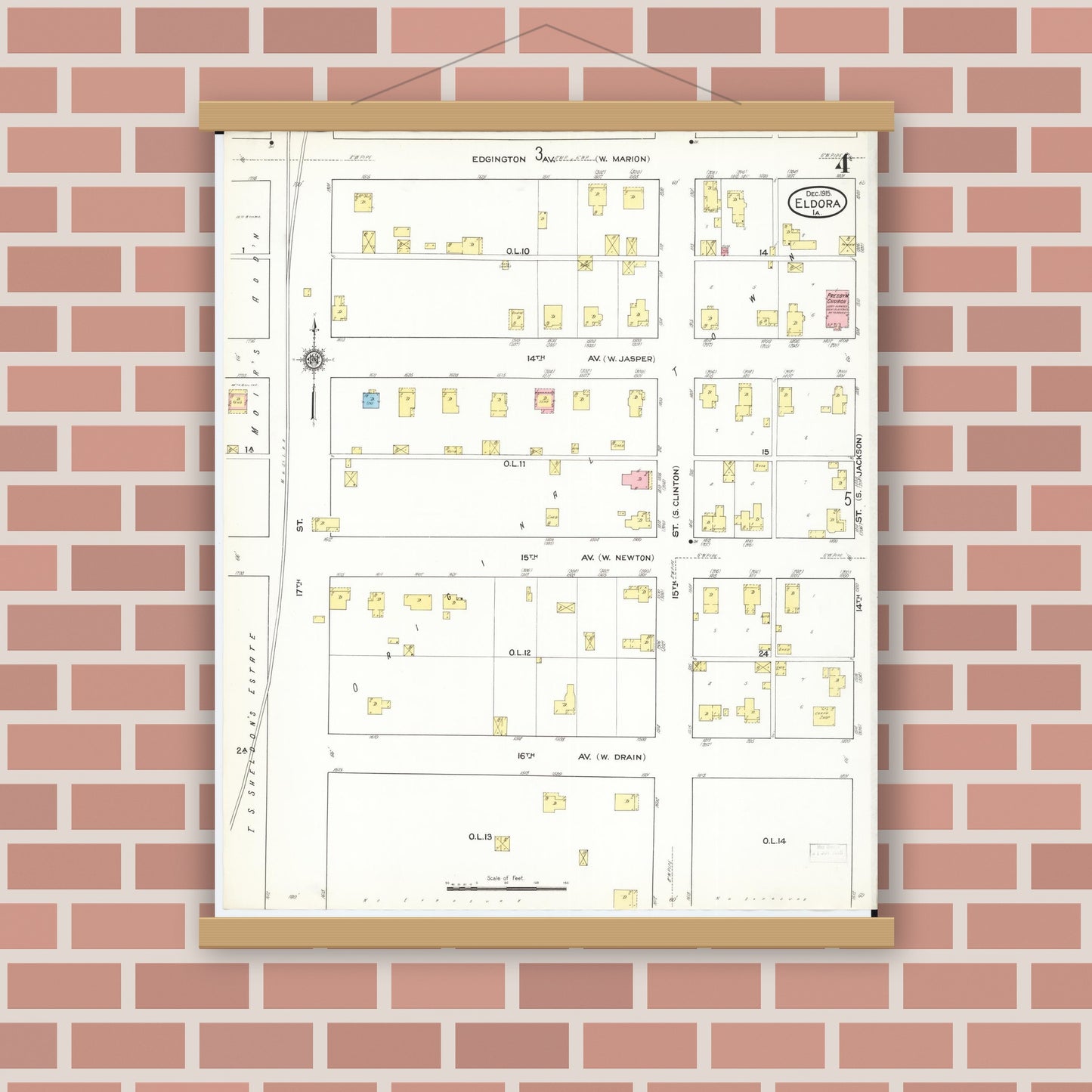 Old map wall art mockup — magnetic wood frame on brick wall — Sanborn Fire Insurance Map from Eldora, Hardin County, Iowa (1915), Sheet #0004