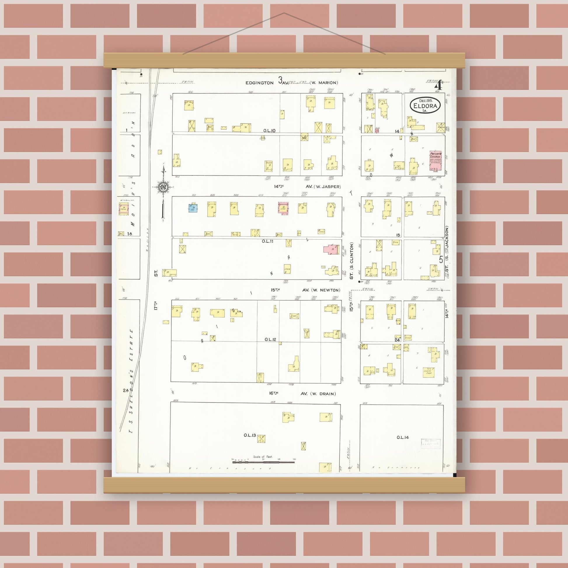 Old map wall art mockup — magnetic wood frame on brick wall — Sanborn Fire Insurance Map from Eldora, Hardin County, Iowa (1915), Sheet #0004