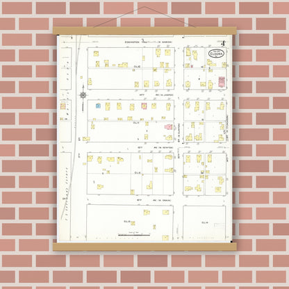 Old map wall art mockup — magnetic wood frame on brick wall — Sanborn Fire Insurance Map from Eldora, Hardin County, Iowa (1915), Sheet #0004