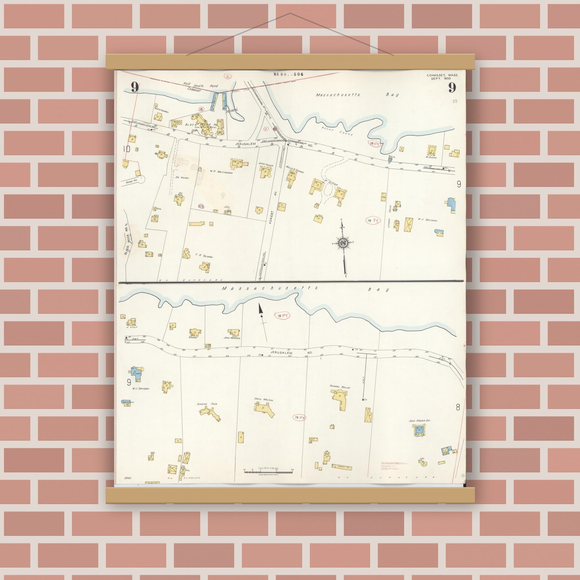 Old map wall art mockup — magnetic wood frame on brick wall — Sanborn Fire Insurance Map from Cohasset, Norfolk County, Massachusetts (1940), Sheet #0009