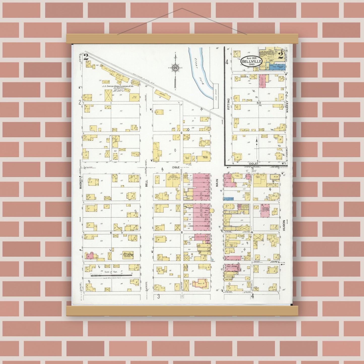 Old map wall art mockup — magnetic wood frame on brick wall — Sanborn Fire Insurance Map from Bellville, Richland County, Ohio (1926), Sheet #0002