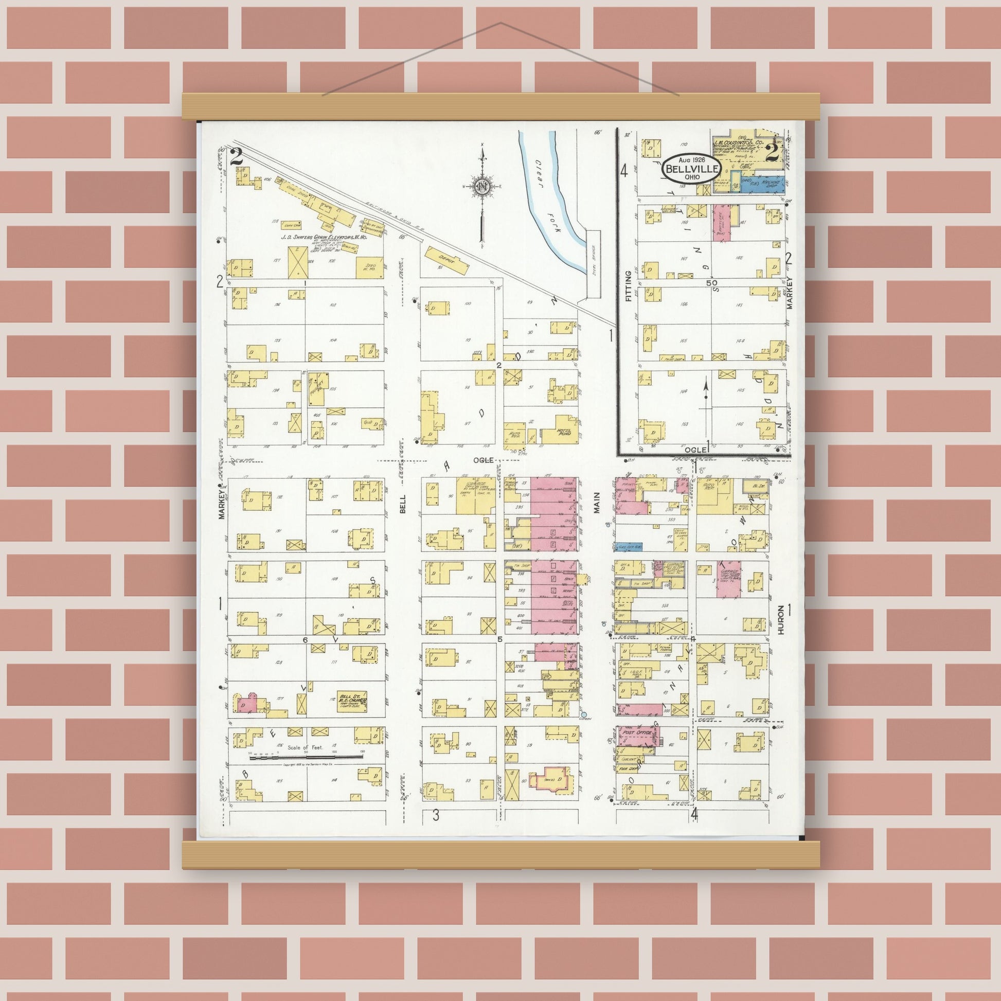 Old map wall art mockup — magnetic wood frame on brick wall — Sanborn Fire Insurance Map from Bellville, Richland County, Ohio (1926), Sheet #0002