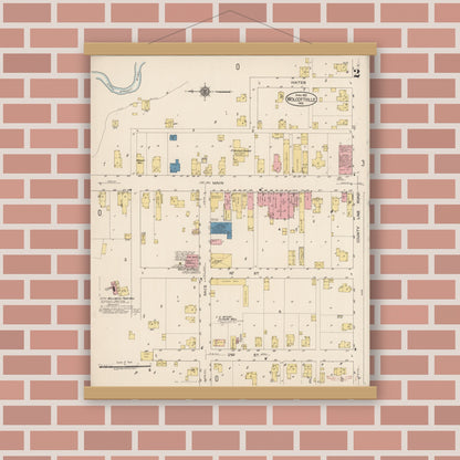 Old map wall art mockup — magnetic wood frame on brick wall — Sanborn Fire Insurance Map from Wolcottville, Noble And LaGrange Counties, Indiana (1922), Sheet #0002