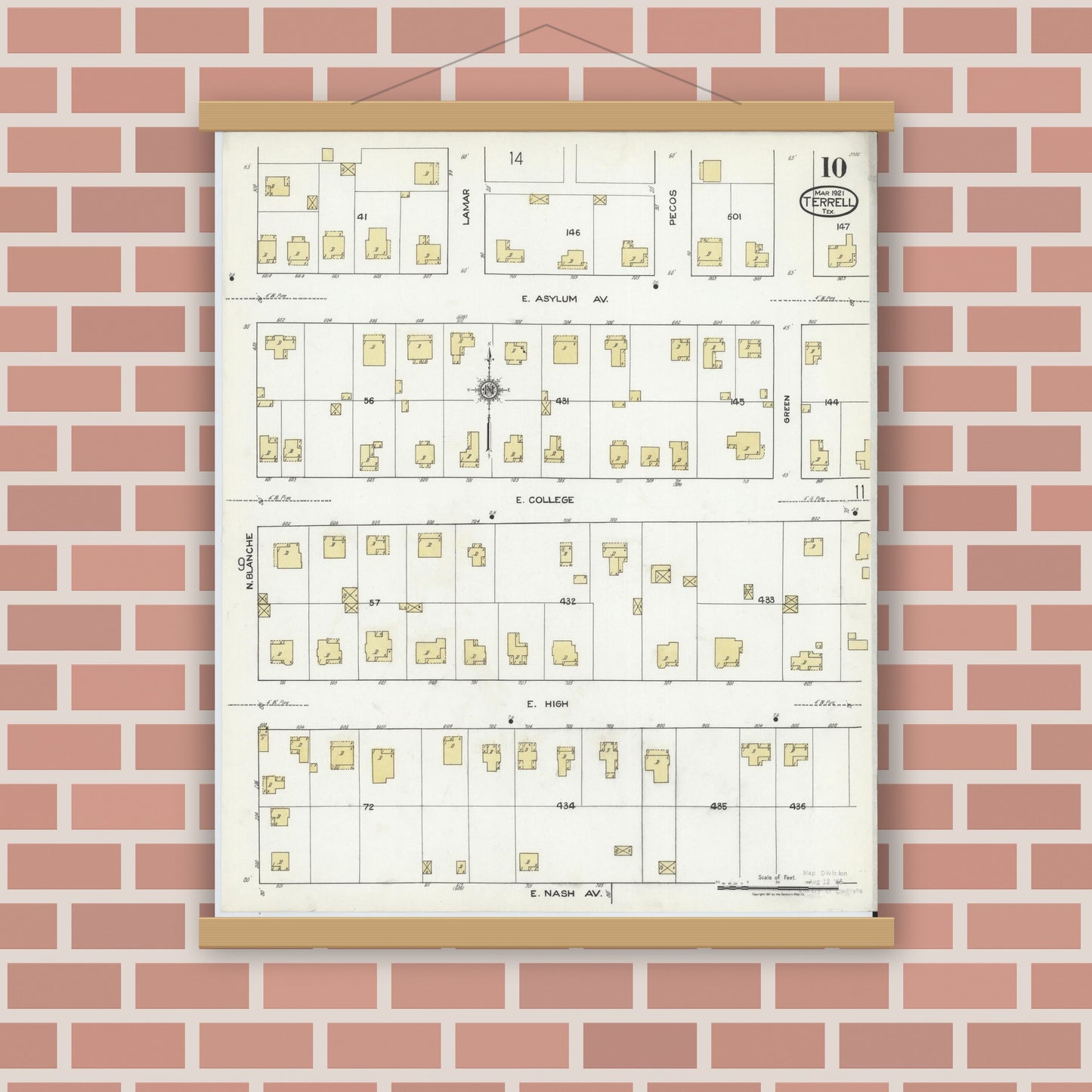 Old map wall art mockup — magnetic wood frame on brick wall — Sanborn Fire Insurance Map from Terrell, Kaufman County, Texas (1921), Sheet #0010