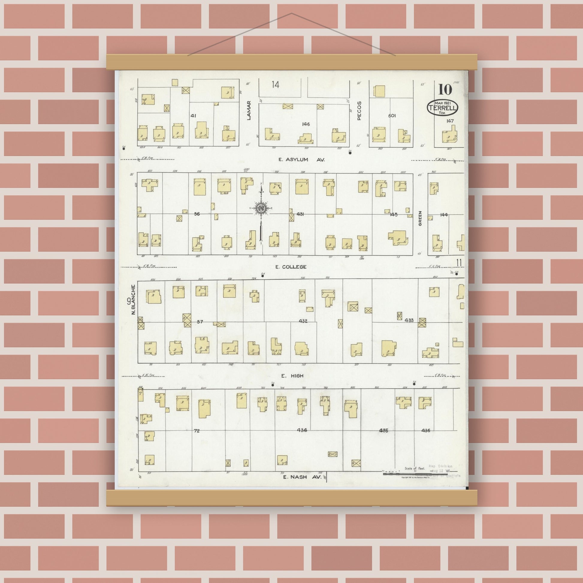 Old map wall art mockup — magnetic wood frame on brick wall — Sanborn Fire Insurance Map from Terrell, Kaufman County, Texas (1921), Sheet #0010
