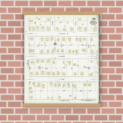 Old map wall art mockup — magnetic wood frame on brick wall — Sanborn Fire Insurance Map from Terrell, Kaufman County, Texas (1921), Sheet #0010