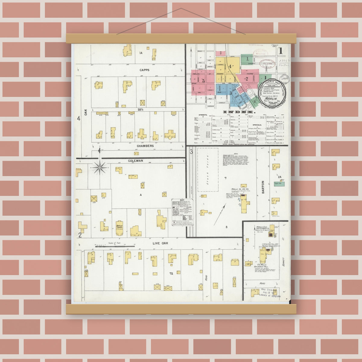 Old map wall art mockup — magnetic wood frame on brick wall — Sanborn Fire Insurance Map from Marlin, Falls County, Texas (1899), Sheet #0001
