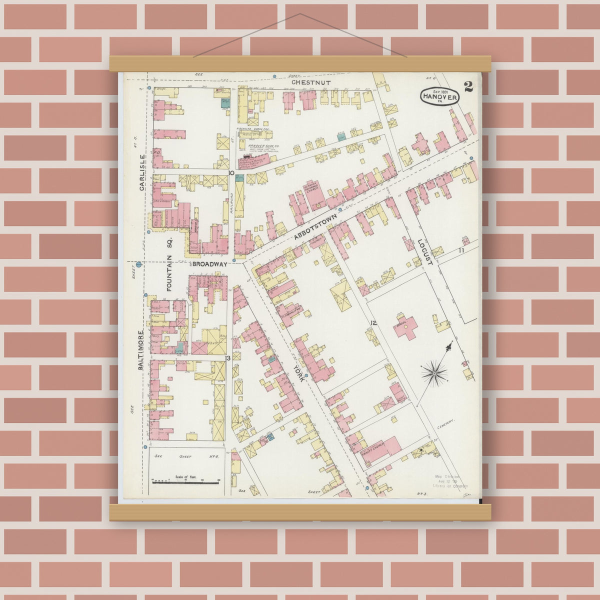 Old map wall art mockup — magnetic wood frame on brick wall — Sanborn Fire Insurance Map from Hanover, York County, Pennsylvania (1891), Sheet #0002