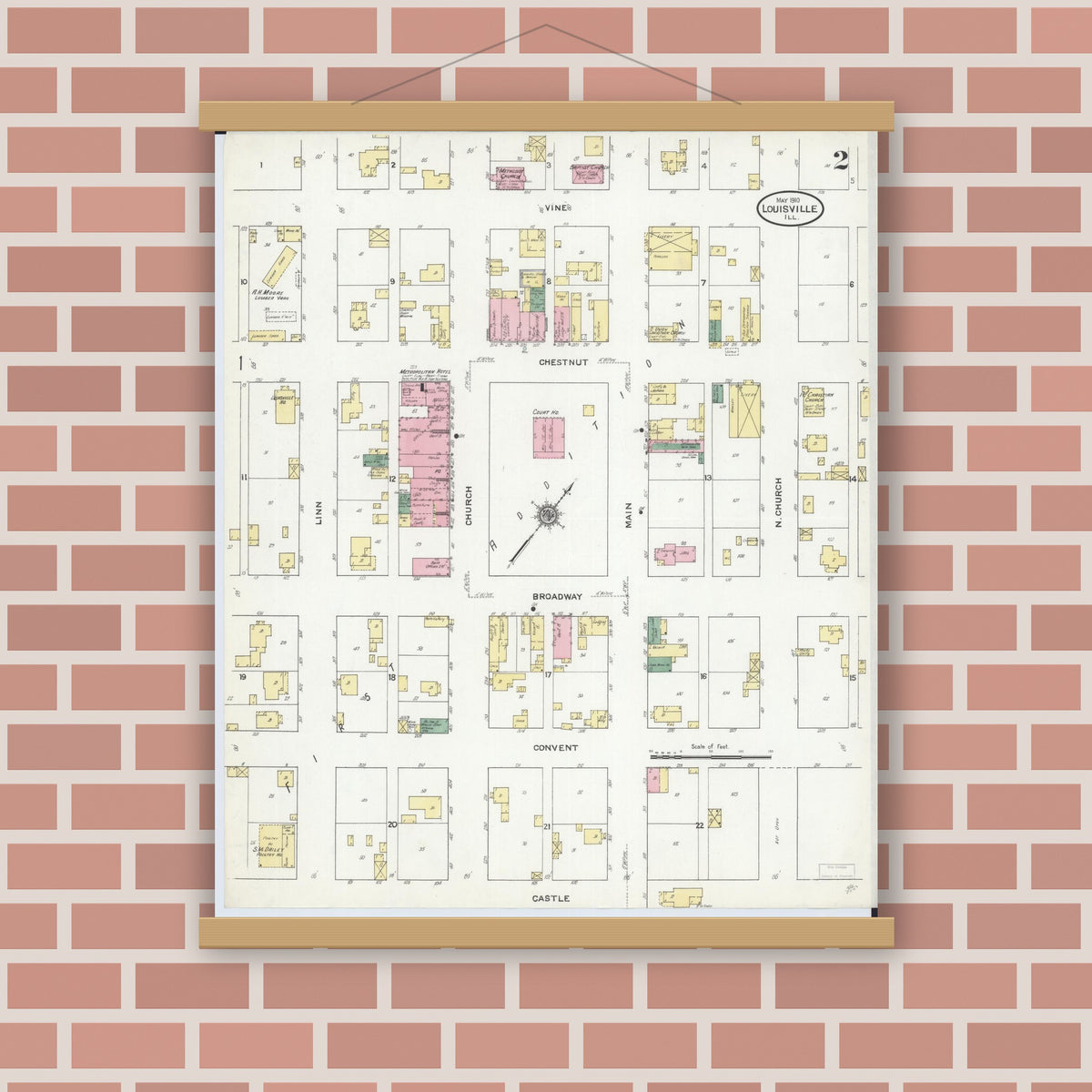 Old map wall art mockup — magnetic wood frame on brick wall — Sanborn Fire Insurance Map from Louisville, Clay County, Illinois (1910), Sheet #0002
