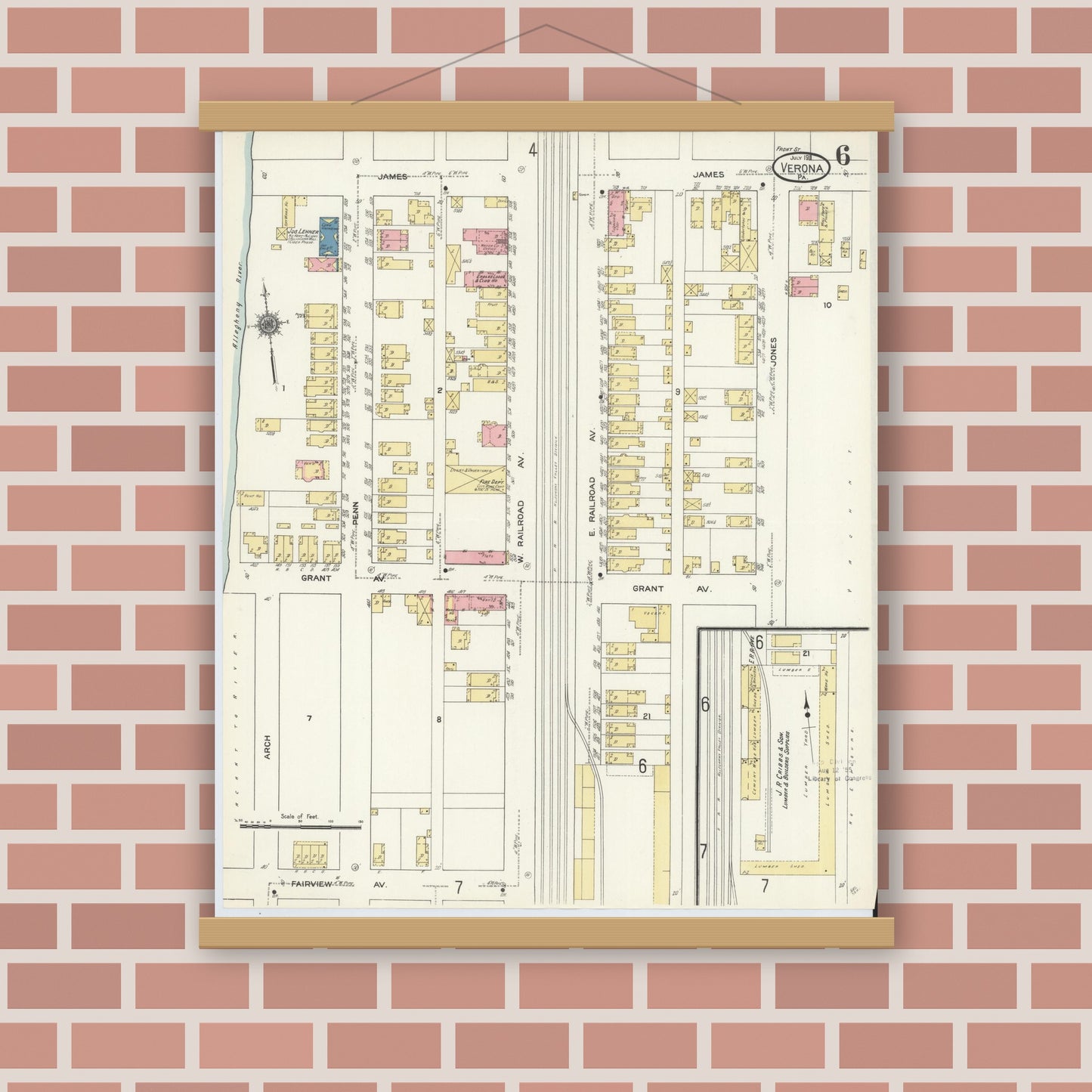 Old map wall art mockup — magnetic wood frame on brick wall — Sanborn Fire Insurance Map from Verona, Allegheny County, Pennsylvania (1911), Sheet #0006