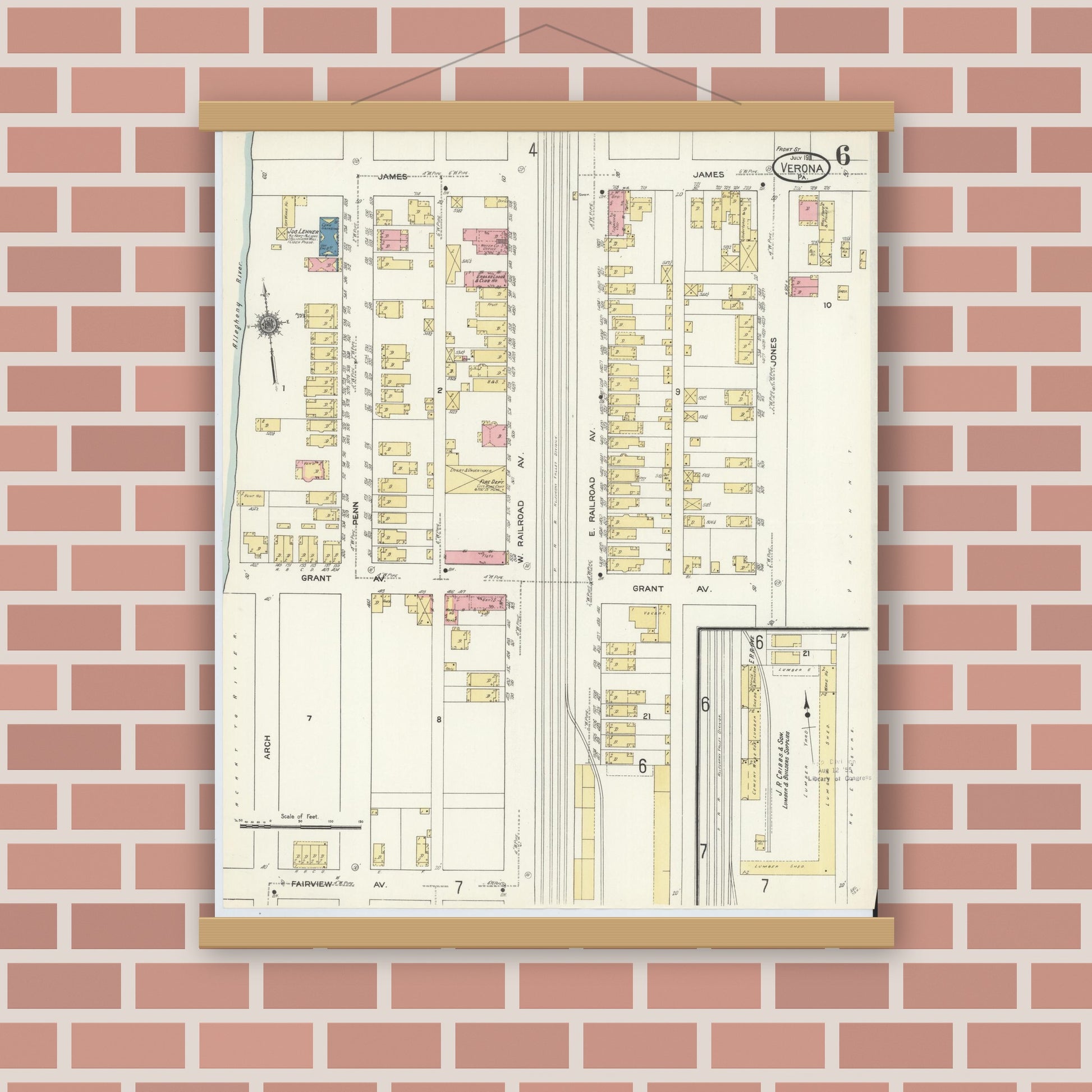 Old map wall art mockup — magnetic wood frame on brick wall — Sanborn Fire Insurance Map from Verona, Allegheny County, Pennsylvania (1911), Sheet #0006