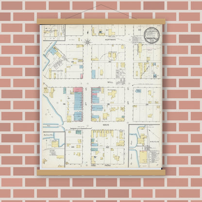 Old map wall art mockup — magnetic wood frame on brick wall — Sanborn Fire Insurance Map from Cannon Falls, Goodhue County, Minnesota (1893), Sheet #0001