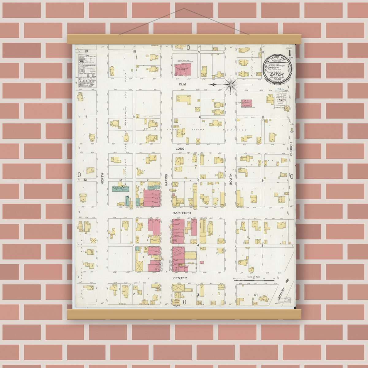 Old map wall art mockup — magnetic wood frame on brick wall — Sanborn Fire Insurance Map from Eaton, Delaware County, Indiana (1900), Sheet #0001
