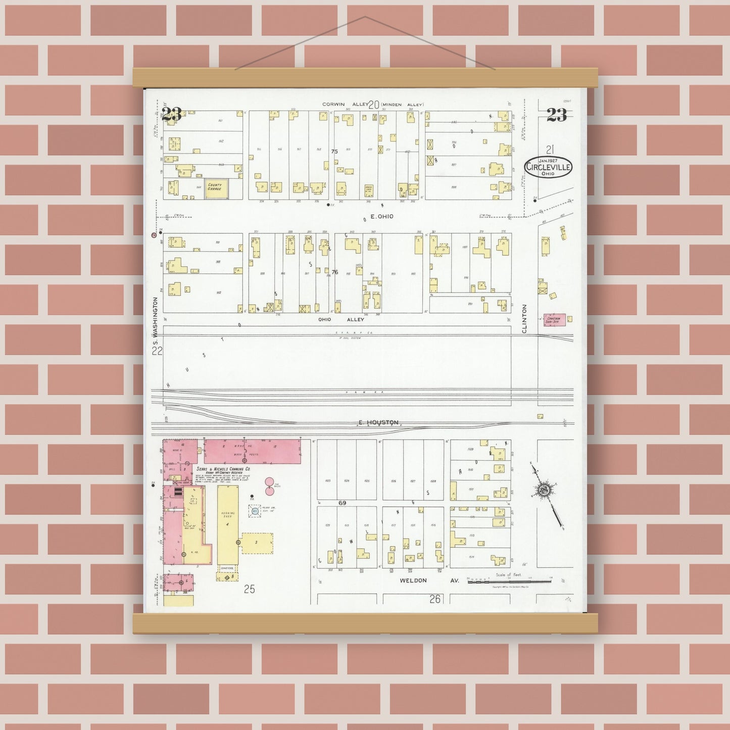 Old map wall art mockup — magnetic wood frame on brick wall — Sanborn Fire Insurance Map from Circleville, Pickaway County, Ohio (1927), Sheet #0023
