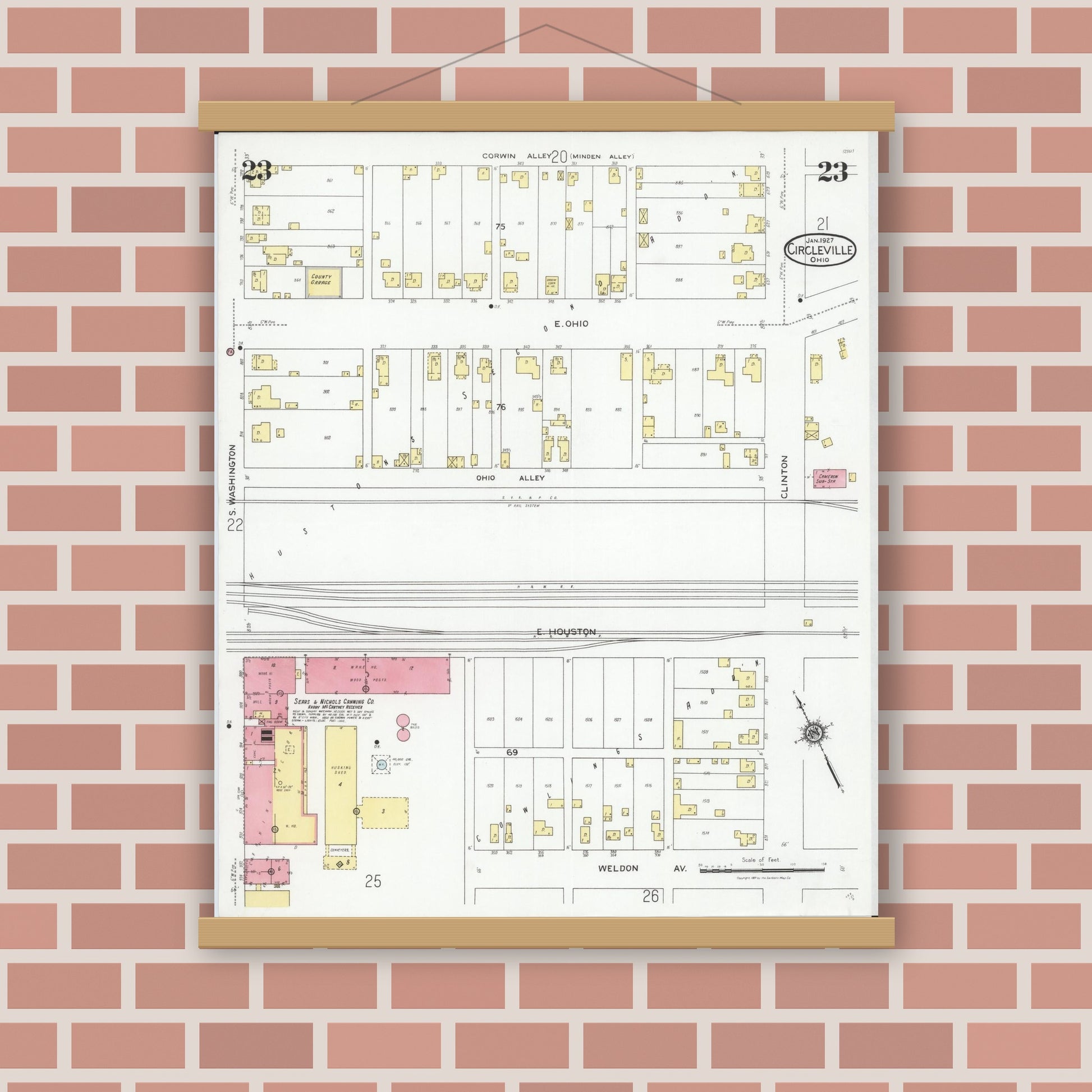 Old map wall art mockup — magnetic wood frame on brick wall — Sanborn Fire Insurance Map from Circleville, Pickaway County, Ohio (1927), Sheet #0023